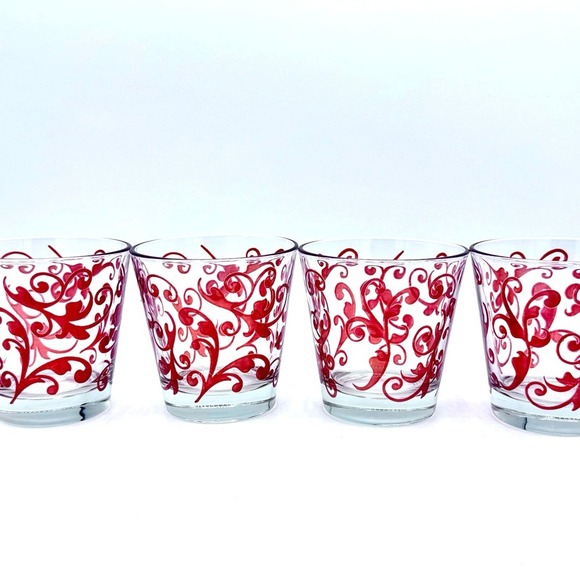 Set of 4 Vintage Cerve Italy‎ Drink Lowball Glasses Red Swirl Pattern MCM 3.25” - Picture 2 of 10